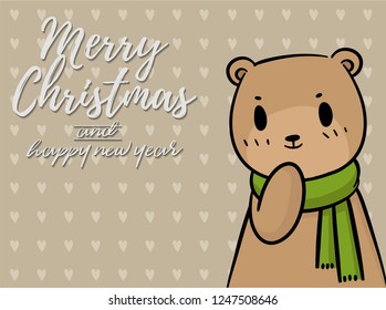 Merry Christmas vector text Calligraphic Lettering design card template for website . bear with light brown signboard. Happy smiling cartoon character. Holiday greeting card vector illustration.