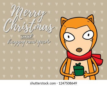 Merry Christmas vector text Calligraphic Lettering design card template for website . bear with light brown signboard. Happy smiling cartoon character. Holiday greeting card vector illustration.