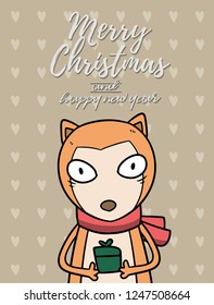 Merry Christmas vector text Calligraphic Lettering design card template for website . bear with light brown signboard. Happy smiling cartoon character. Holiday greeting card vector illustration.