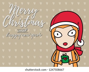 Merry Christmas vector text Calligraphic Lettering design card template for website . bear with light brown signboard. Happy smiling cartoon character. Holiday greeting card vector illustration.