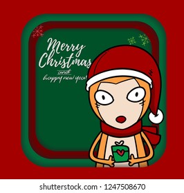 Merry Christmas vector text Calligraphic Lettering design card template for website . Christmas fox in frame . Happy smiling cartoon character. Holiday greeting card vector illustration.