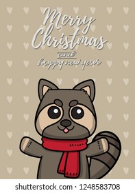 Merry Christmas vector text Calligraphic Lettering design card template for website . Raccoon with light brown signboard. Happy smiling cartoon character. Holiday greeting card vector illustration.
