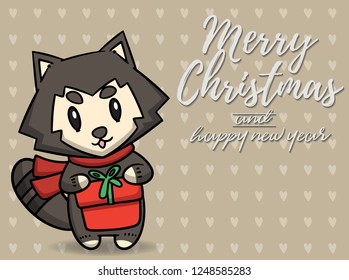 Merry Christmas vector text Calligraphic Lettering design card template for website . Raccoon with light brown signboard. Happy smiling cartoon character. Holiday greeting card vector illustration.
