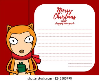 Merry Christmas vector text Calligraphic Lettering design card template for website cover.cartoon character fox with red blank signboard,vector illustration and copy space for text.