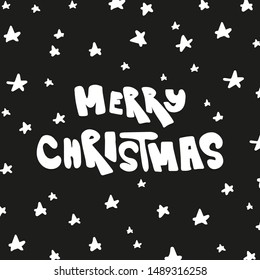 Merry Christmas vector text. Calligraphic, lettering design card template. Creative typography for holiday greeting gift poster. Font style Banner. Illustration with stars isolated on black background