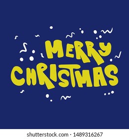 Merry Christmas vector text. Calligraphic, lettering design card template. Creative typography for holiday greeting gift poster. Font style Banner. Illustration with elements isolated blue background