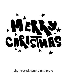 Merry Christmas vector text. Calligraphic, lettering design card template. Creative typography for holiday greeting gift poster. Font style Banner. Illustration with stars isolated on white background