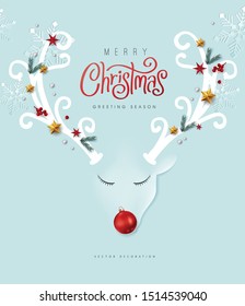 Merry Christmas vector text Calligraphic Lettering and deer paper art minimal Vector illustration. 