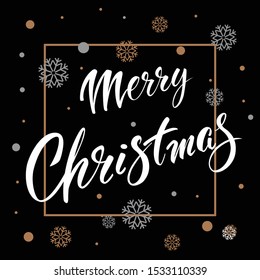 Merry Christmas. Vector text Calligraphic Lettering design card template with snowflakes on black background. Creative typography for Holiday Greeting Gift Poster. Calligraphy Font style Banner.