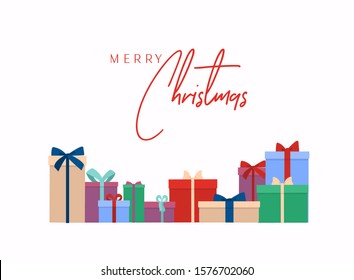 Merry Christmas vector text Calligraphic Lettering design card template. Gift boxes bunch. Isolated on white. 