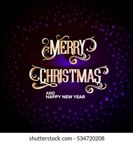 Merry Christmas vector text Calligraphic Lettering design card template. Creative typography for Holiday Greeting Gift Poster. Calligraphy Font style Banner. glowing background.