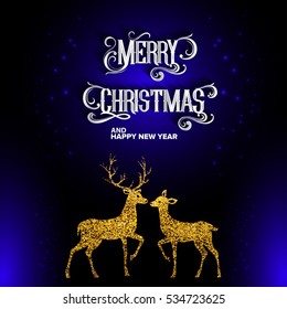 Merry Christmas vector text Calligraphic Lettering design card template. Creative typography for Holiday Greeting Gift Poster. Calligraphy Font style Banner. happy new year. deer vector.