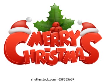 Merry Christmas vector text Calligraphic title with ilex and santa claus hat. Vector illustration