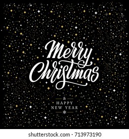 Merry Christmas vector text Calligraphic Lettering design card with Shining Gold Snowflakes. Vector illustration