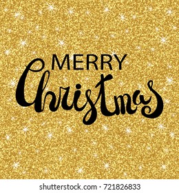 Merry Christmas vector text calligraphic lettering design card template. Twinkly golden lights Christmas background. Calligraphy font style banner.