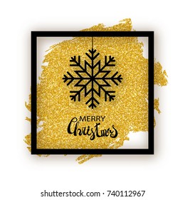 Merry Christmas vector text calligraphic lettering design card template. Rectangle frame with snowflake symbol on twinkly golden paint brush stroke. Calligraphy font style banner. Xmas design