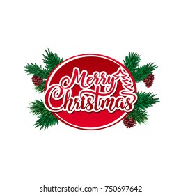 Merry Christmas vector text Calligraphic Lettering decorated with green tree branches and cones. Festive handwritten calligraphic lettering for greeting cards and posters.