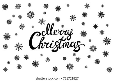 Merry Christmas vector text Calligraphic Lettering design card template. Creative typography for Holiday Greeting Gift Poster. snowflakes background style Banner art 