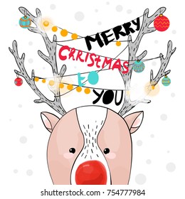 Merry Christmas vector text Calligraphic Lettering design card template with reindeer. Creative typography for Holiday Greeting Gift Poster. Calligraphy Font style Banner