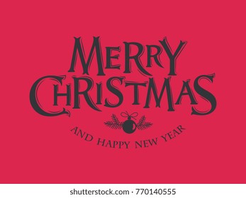 Merry Christmas vector text Calligraphic Lettering design card template. Calligraphic handmade lettering. Merry Christmas vector design for greeting cards and poster 
on a red background.