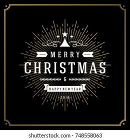 Merry Christmas vector text design greeting card template typography for holiday poster or postcard. Black background and golden star rays.