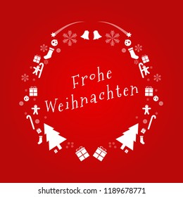 Merry Christmas Vector Text in German. Design Card Template. Creative Christmas Assets Decoration for Holiday Greeting Gift Poster. Christmas Tree, Bell, Gift, Starts, Snowflakes etc.