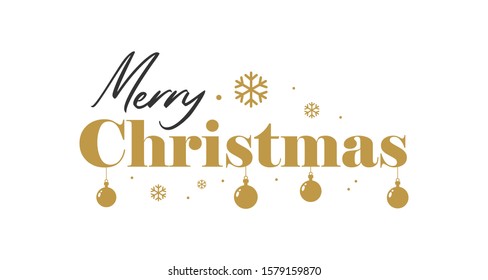 Merry Christmas vector text with gold snowflakes and balls decoration. Calligraphic Lettering design card template. Calligraphy Font style Banner for Xmas greeting card.