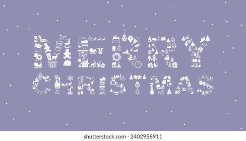 Feliz texto vectorial navideño de iconos sobre fondo morado suave. tarjeta navideña