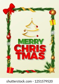 Merry Christmas Vector Text  Illustration Greeting with Frame and Tree for flyer, Invitation card, Banner, Poster and web.