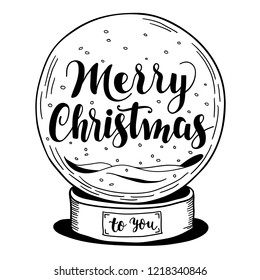 Merry Christmas vector text inside glassball. calligraphic lettering design card template creative typography for holiday greeting gift poster. Winter decoration.