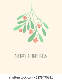Merry Christmas. Vector text Lettering with Mistletoe design card template. 