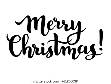 Merry Christmas vector text in modern handwritten brush pen calligraphy style. Contemporary hand drawn script lettering design element isolated on white for greeting cards, posters, advertisement