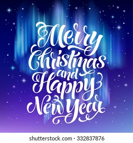 Merry Christmas vector text on aurora lights background. Holidays lettering for invitation and greeting card, prints and posters. Hand drawn typographic inscription, christmas calligraphic design