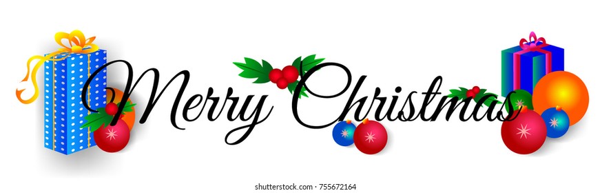 
Merry Christmas vector text on a white background with illustration of gifts and Christmas toys. Calligraphic lettering design for postcards.
