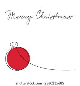 Fröhlicher Weihnachtsvordruck. Roter Ball Bauble Linie kontinuierliche Zeichnung. Urlaubsgrußkarte. Grafische Illustration, Druck, Banner, Poster, Zeichen, festliche Verzierung, Symbol, handgeschriebene Kalligrafie.