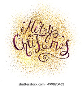 Merry Christmas Vector Text . Xmas Greeting Card with Lettering on the Gold Glitter Background. Gold Sparkles on white Background.