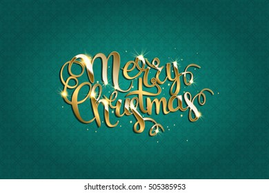 Merry Christmas Vector Text . Xmas Greeting Card with Lettering on the Gold Glitter Background. Gold Sparkles on white Background.