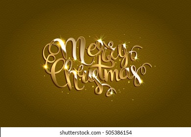Merry Christmas Vector Text . Xmas Greeting Card with Lettering on the Gold Glitter Background. Gold Sparkles on white Background.