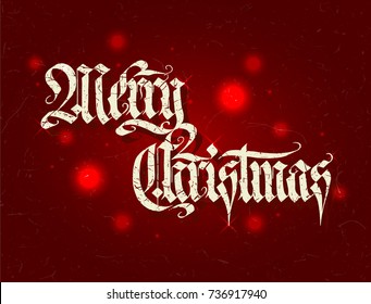 Merry Christmas vector textured calligraphic lettering design. Hand written typography holiday greeting card with bokeh lights over deep red background.