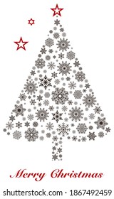 Árbol vectorial navideño con copos de nieve, estrellas rojas en espalda blanca aislada.