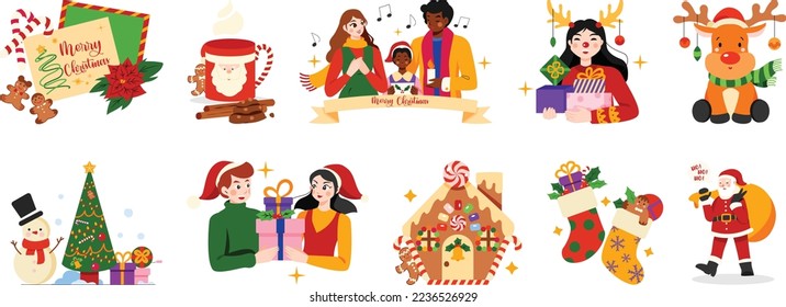 Merry Christmas! Vector trendy abstract illustration with card, mug, ginger biscuit, happy family sing song, happy kid with gift, reindeer, snowman, exchange present, decoration, stock, santa
