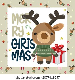 Merry Christmas! Vector and trendy illustration poster with cute animal for holiday. Cute ball tree with little bear cards. Design with ball tree, little bear toy, stars, modern and funny typography.