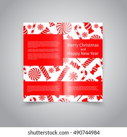 Merry Christmas vector two fold brochure design template with holiday background with candies, snowflakes, text. Brochure Design back for Merry Christmas and Happy New Year party invitation, promotion
