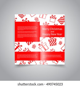 Merry Christmas vector two fold brochure design template with holiday background with gift boxes, text. Brochure Design back for Merry Christmas and Happy New Year party invitation, promotion