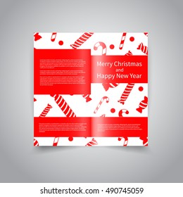 Merry Christmas vector two fold brochure design template with holiday background with candies, confetti, text. Brochure Design back for Merry Christmas and Happy New Year party invitation, promotion