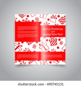 Merry Christmas vector two fold brochure design template with holiday background with gift boxes confetti, text. Brochure Design back for Merry Christmas and Happy New Year party invitation, promotion
