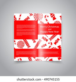 Merry Christmas vector two fold brochure design template with holiday background with gift boxes, snowflakes, text. Brochure Design for Merry Christmas and Happy New Year party invitation, promotion