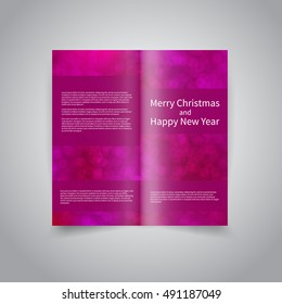 Merry Christmas vector two fold brochure design template with beige festive background with bokeh lights, text.