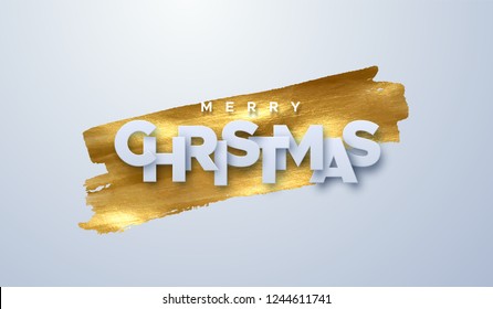 Merry Christmas. Vector typography illustration. Holiday decoration of white paper letters on golden paint stain background. Festive banner design. Christmas ornament