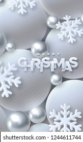 Merry Christmas. Vector typography illustration. Holiday decoration of white paper letters with snowflakes on 3d light spheres background. Festive banner design. Winter cover. Xmas ornament